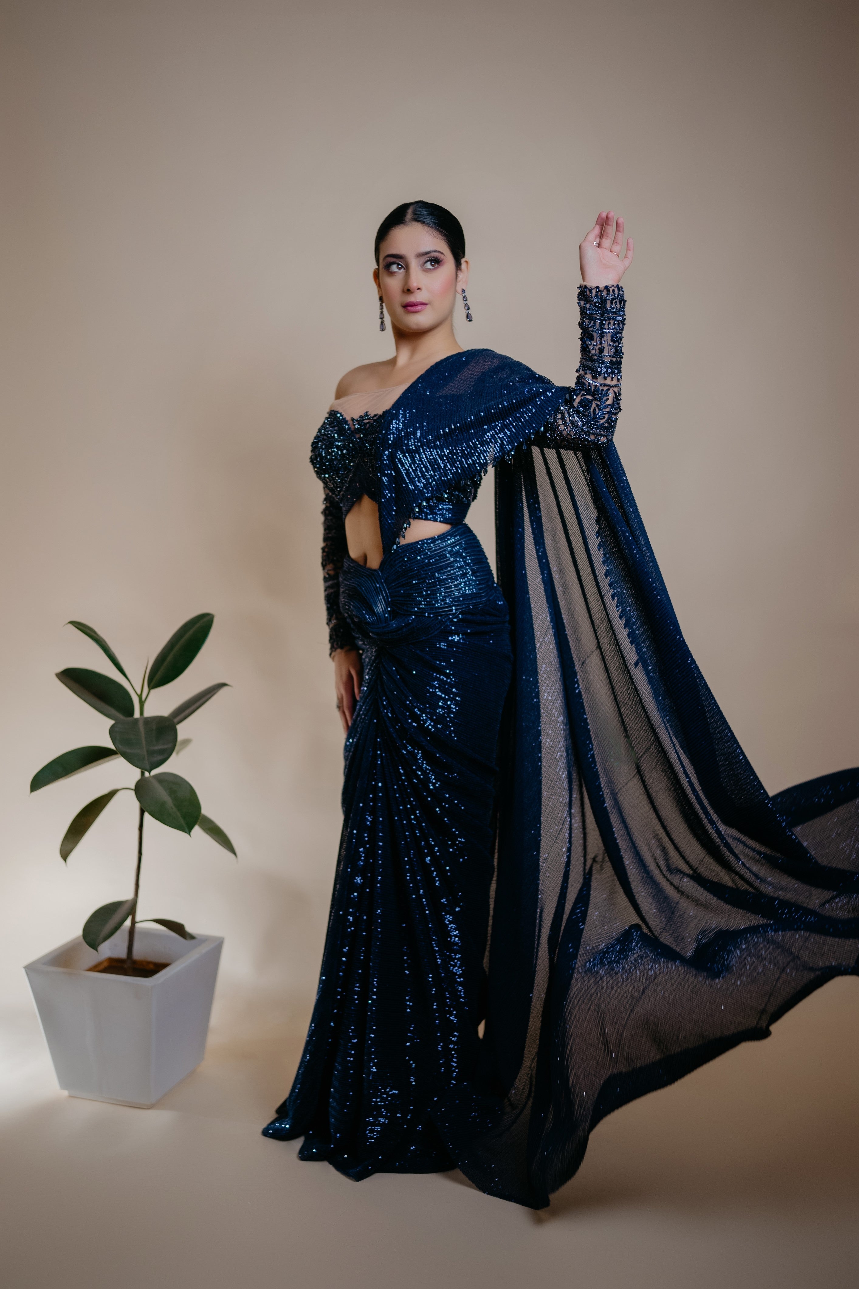 Bachelorette Partywear Textured Fusion Sari with Belt | Cocktail Dress
